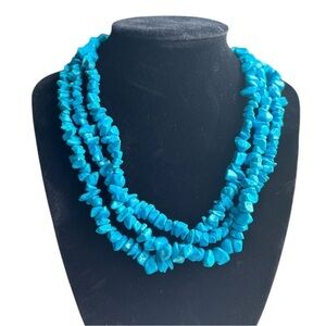 Turquoise Beaded Necklace Triple Strand Faux Turquoise Chunk Necklace